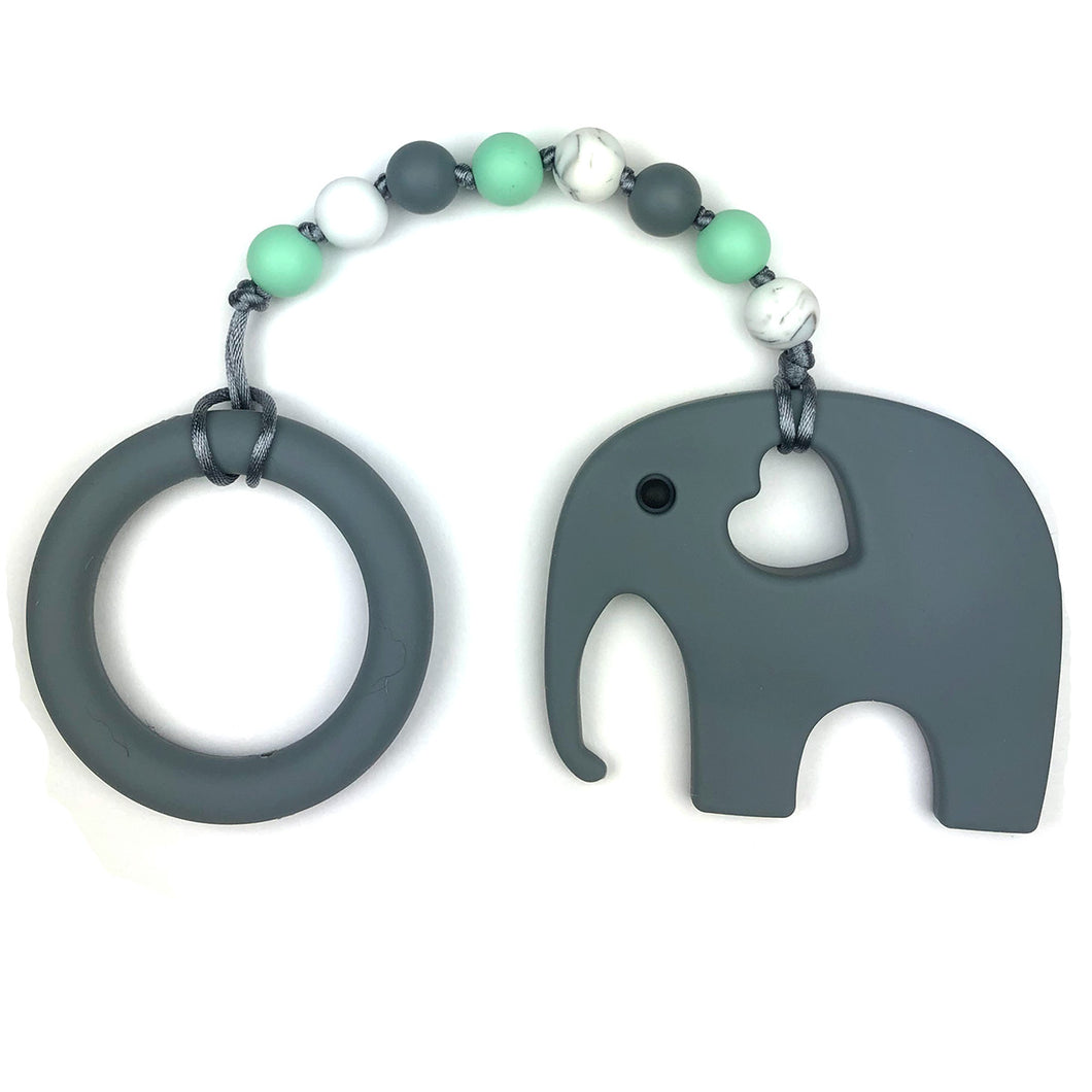 Gray Elephant with Ring and Mint Beads Baby Teether Toy