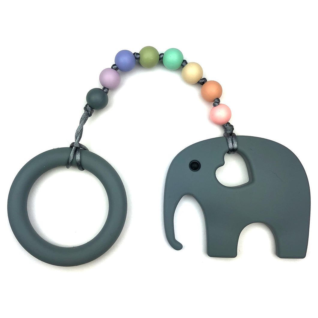 Gray Elephant with Ring and Pastel Rainbow Beads Baby Teether Toy